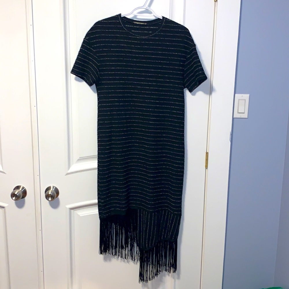 Zara Trafaluc - Asymmetrical Fringe Dress - Black with Horizontal Cream Stripes